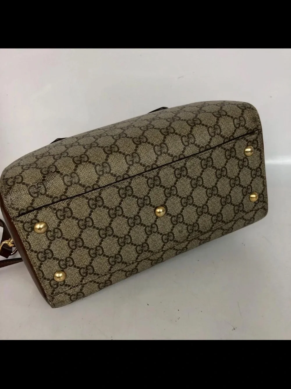 Gucci Beige GG Canvas Satchel with Brown Leather Trim